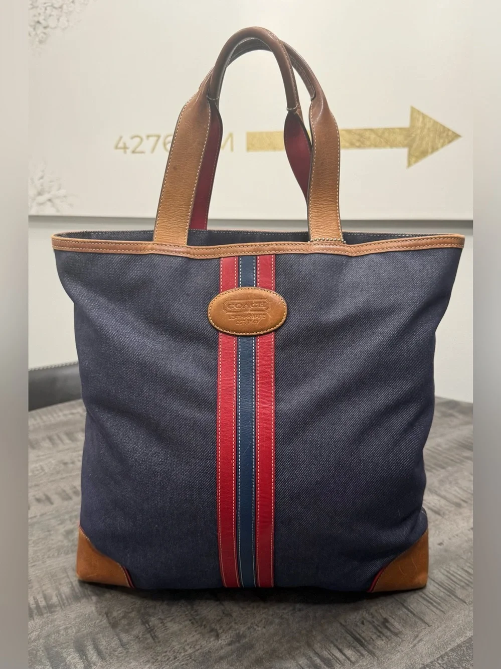 VINTAGE/Coach Navy Canvas Tote with Red and Blue Stripe and Brown Leather Trim